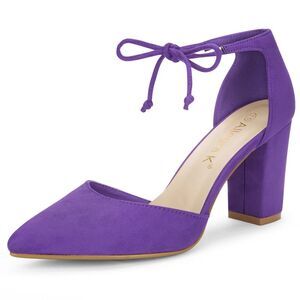 Ankle Tie Chunky Heel Purple Pointed Toe Dress Pumps